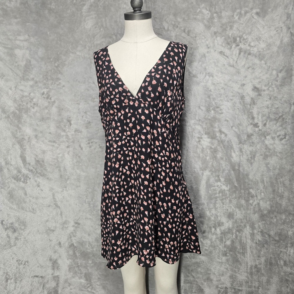 BP Floral Mini Dress Women L‎ Blk Pink Sleeveless Boho Indie Dainty Deep V Flare
